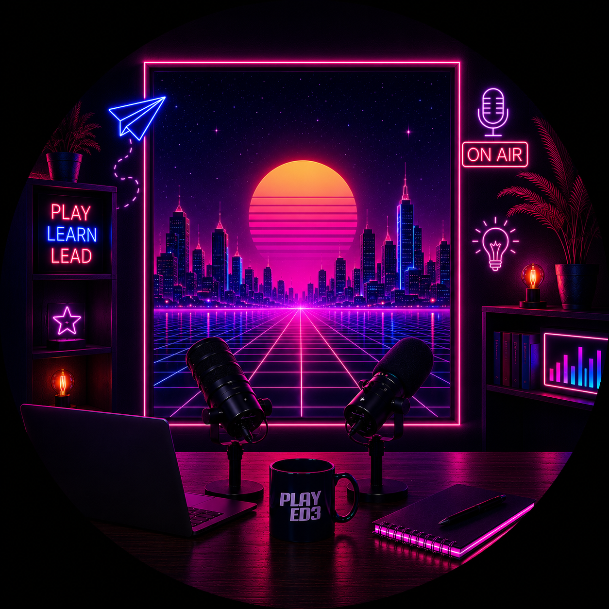 The Play Ed3 Podcast studio — twin microphones and a neon skyline